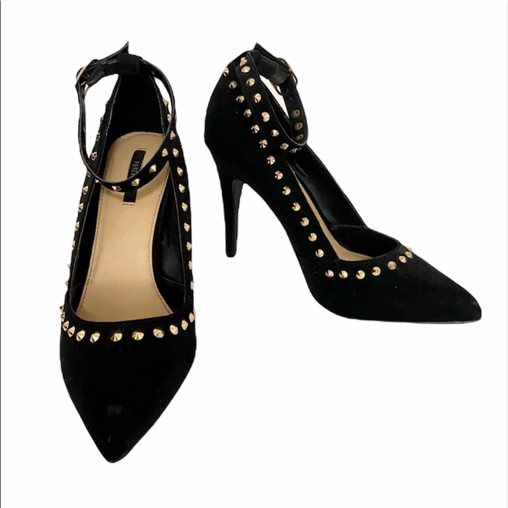 Black suede studded pointed toe pump